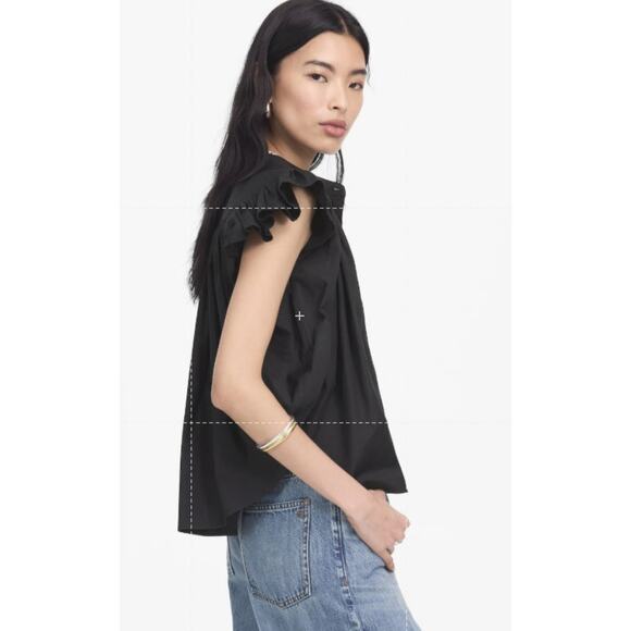 Madewell Poplin Shirred Button-Up Shirt Womens XL Black Ruffle Cap Sleeve NU451 - Picture 2 of 8